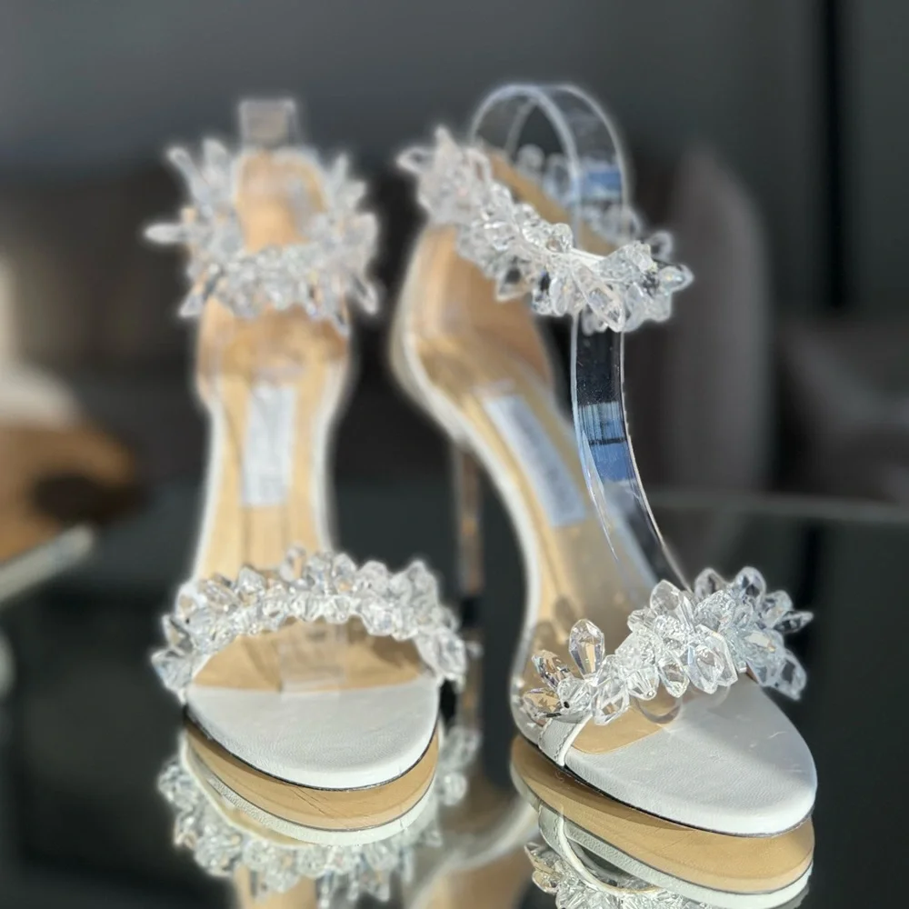 New Jimmy Choo White Maisel 100 Crystal Embellished Leather Sandals 38